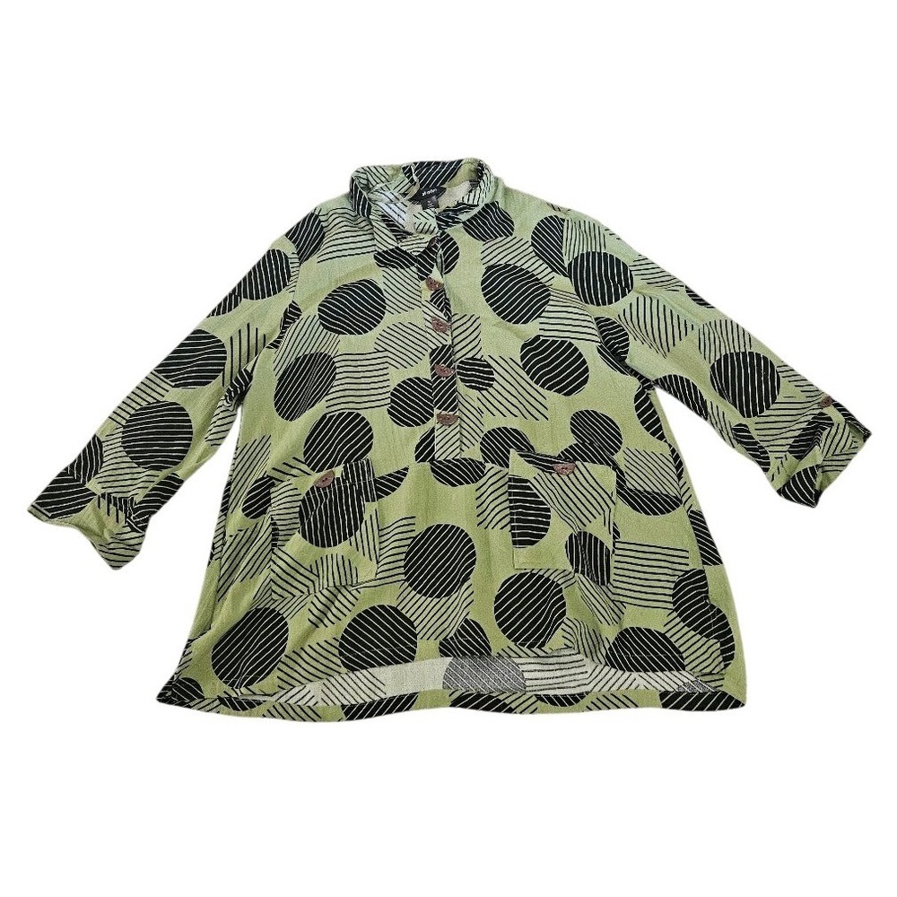 Ali Miles Womens XL Sage Green Black Geometric Polka Dot Stripe Tunic Top Pocket